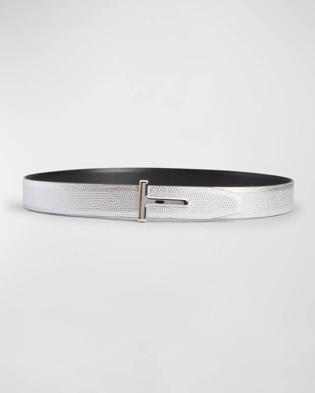 Silver Lizard-Embossed Reversible Leather Belt